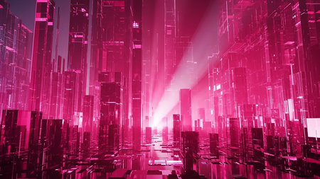 A futuristic cityscape rendered in vibrant pink, featuring towering glass skyscrapers illuminated by glowing light rays emanating from the center.の素材