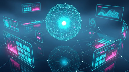 A central glowing digital sphere connected by lines to holographic data screens displaying charts and graphs in a futuristic setting.の素材