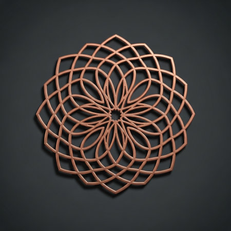 A precise geometric mandala pattern crafted from copper, displaying radial symmetry against a dark gray textured background.の素材