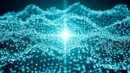 A glowing cyan digital network landscape with interconnected nodes and particles, illuminated by a bright light source at its center.の素材