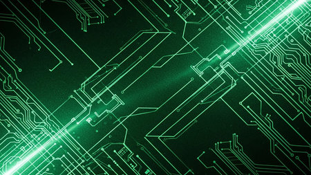 A close-up abstract view of a green digital circuit board pattern with glowing lines and light streaks, suggesting data flow and technological connectivity.の素材