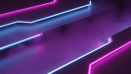 Abstract futuristic design featuring glowing neon lines in vibrant purple and electric blue against a dark, reflective surface.の素材