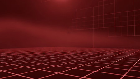 A futuristic digital space with a red grid floor and wireframe grid walls, rendered in a dim, red-toned atmosphere with a sense of depth.の素材