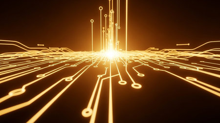 Glowing orange circuit board pathways spread out from a brilliant central light source, suggesting data flow and technological energy.の素材