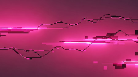 Abstract pink and magenta digital streams with a glitch art effect, featuring pixelated lines and distorted data, creating a modern background.の素材