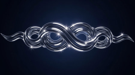 A polished silver infinity knot symbol with sparkling highlights is centered on a dark blue gradient background with subtle light rays.の素材