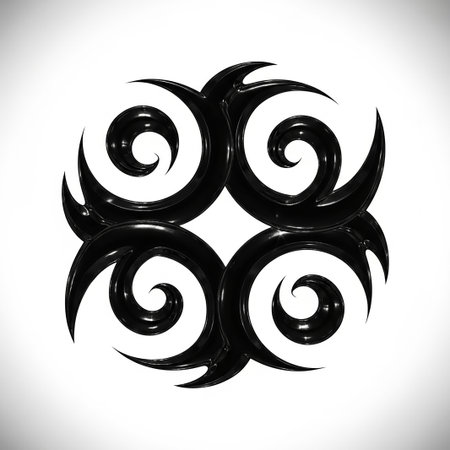 Glossy black tribal swirls form a symmetrical circular emblem on a clean white background. Clear details and vibrant colors enhance visual appeal.の素材