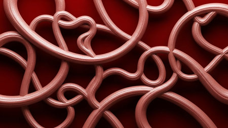 Abstract composition of smooth, intertwined tubular shapes in a pinkish-beige hue against a deep red background, creating a sense of organic complexity.の素材