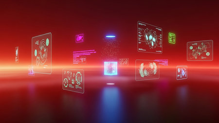 A futuristic holographic interface with multiple glowing data displays and a central illuminated cube emitting particles, set against a red, reflective surface.の素材