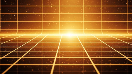 A futuristic abstract background featuring a glowing orange grid in perspective with floating particles and a bright light source.の素材