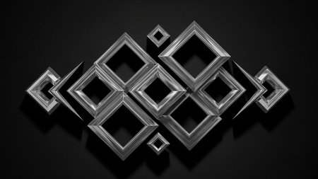 A precise geometric arrangement of polished silver diamond-shaped frames of varying sizes is displayed on a dark, shadowed surface.の素材
