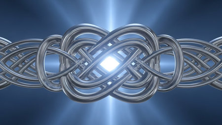 A complex metallic Celtic knot pattern with a bright light emanating from its center against a blue gradient background.の素材