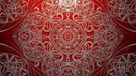A complex and symmetrical silver geometric mandala pattern with star-like and floral elements is intricately detailed against a deep red gradient background.の素材