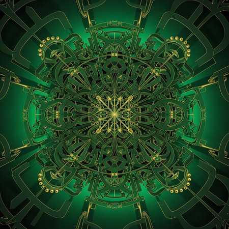 A complex green and gold mandala pattern with intricate interwoven lines and glowing gold accents, radiating outwards with radial symmetry.の素材