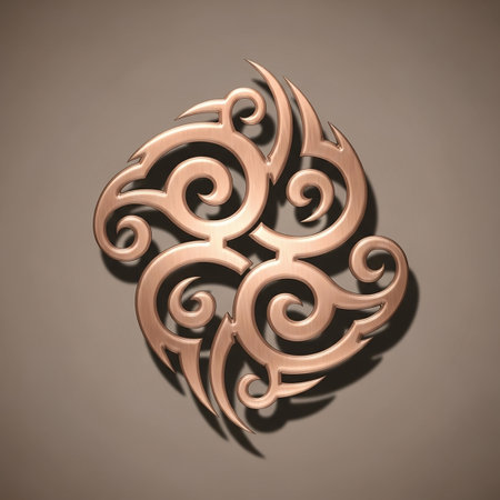 A stylized tribal design in copper with intricate swirls and sharp points, casting a subtle shadow on a gradient background.の素材