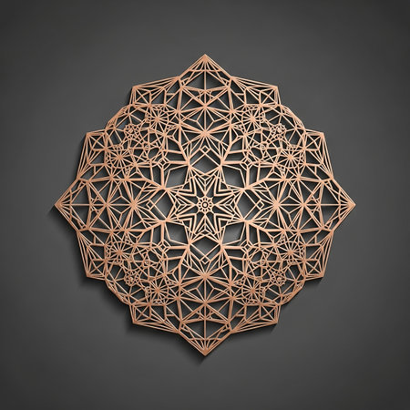A detailed, geometric mandala pattern with a copper finish is displayed against a dark gray background, casting a subtle shadow.の素材