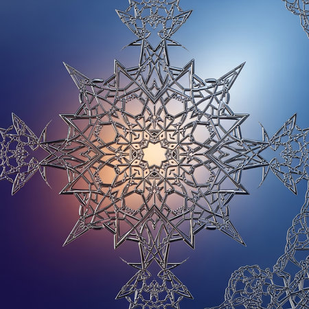 A metallic, star-shaped geometric ornament resembling a snowflake or starburst, with intricate patterns and a vibrant blue, purple, and orange gradient background.の素材