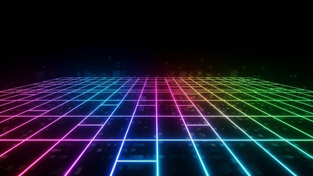 A neon grid floor with rainbow colors stretches into a dark abstract space filled with digital pixels, creating a futuristic and vibrant atmosphere.の素材