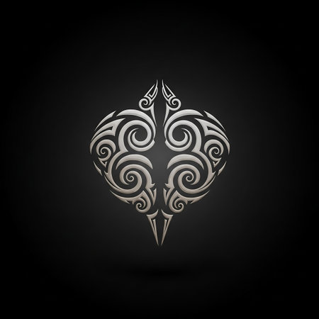 An intricate silver tribal heart symbol featuring swirling patterns and sharp points, set against a dark, subtly lit background.の素材