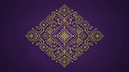 An intricate golden mandala with detailed geometric patterns is centered on a rich, deep purple background.の素材