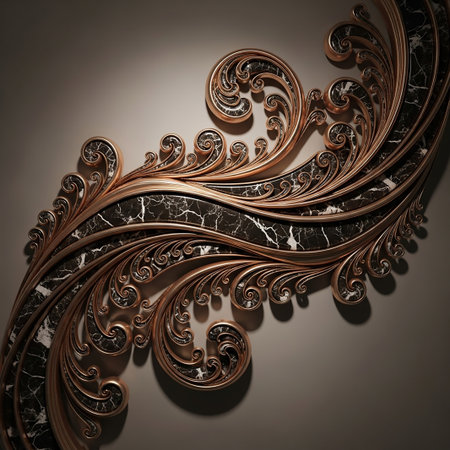 An intricate bronze swirl pattern with black and white marble accents against a textured, shadowed background, evoking luxury and classic design.の素材