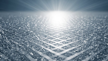 An abstract digital grid with glowing particles and bright light rays emanating from the horizon, creating a sense of depth and technological advancement.の素材