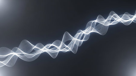 Abstract white wavy lines create a flowing waveform pattern, glowing subtly against a dark, gradient background.の素材