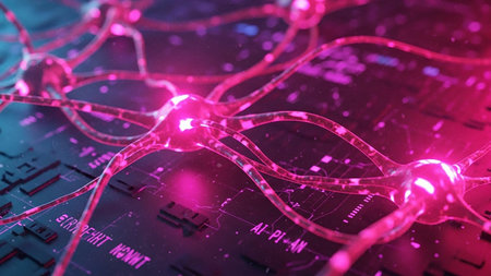A close-up view of glowing pink neurons and their synapses, interconnected on a futuristic digital circuit board with blue accents.の素材