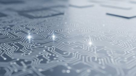 A detailed macro view of a glowing blue and white circuit board pattern with a shallow depth of field, highlighting intricate pathways and connections.の素材