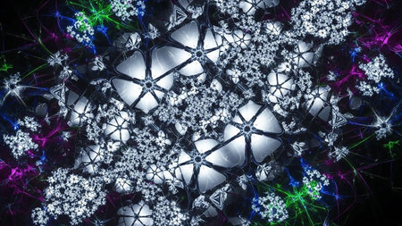 An intricate and complex fractal pattern composed of sharp geometric shapes and delicate crystalline structures, accented with vibrant neon colors on a dark background.の素材