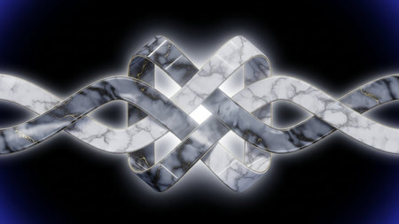 Abstract 3D rendering of intertwined marble ribbons with gold edging, creating a symmetrical pattern with a bright light effect at the center.の素材