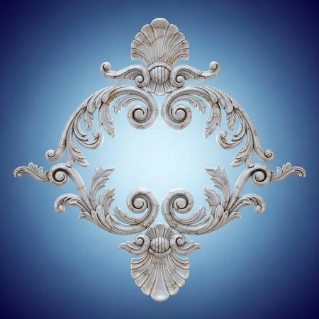 An elaborate white plaster frame featuring symmetrical scrollwork, shell, and leaf designs, set against a soft blue gradient background.の素材