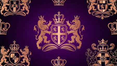 A rich, deep purple background is adorned with intricate golden royal crests featuring lions and shields, interspersed with ornate crowns, creating a luxurious and regal pattern.の素材