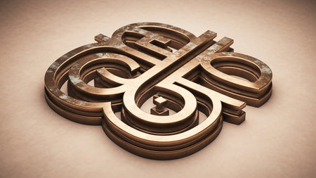 A three-dimensional abstract metallic symbol with a textured, vintage finish, casting a subtle shadow on a soft, neutral background.の素材