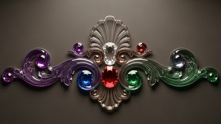 An ornate decorative element features swirling glass and metallic flourishes adorned with colorful gemstones like amethyst, sapphire, ruby, and emerald on a dark background.の素材