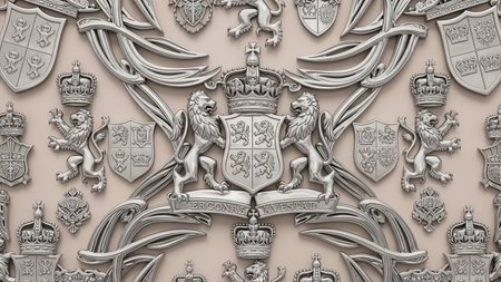 An elaborate silver heraldic crest features rampant lions, crowns, shields, and intricate scrollwork, set against a neutral light background.の素材