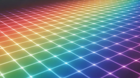 A perspective grid of glowing lines in a rainbow spectrum, creating a vibrant and abstract digital background with a sense of depth and illumination.の素材