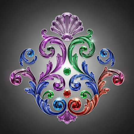 An intricate and symmetrical scrollwork design featuring colorful gemstones like purple, green, blue, and red, set against a gradient gray background.の素材