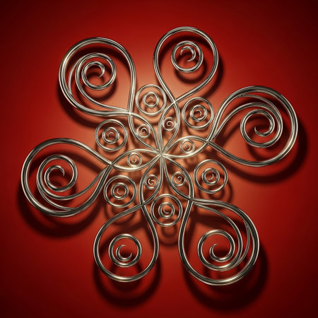 An intricate, polished silver floral swirl design is showcased against a smooth red gradient background, casting a subtle shadow.の素材