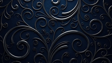 Intricate silver filigree swirls and curls are embossed on a dark blue textured background, creating an elegant and ornamental design.の素材