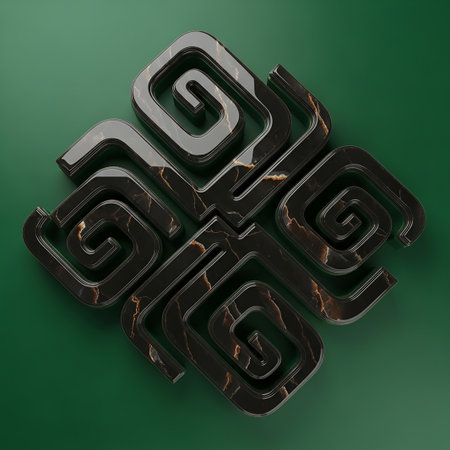 A 3D rendered abstract symbol with swirling, interconnected shapes in black marble with gold veins, set against a solid green background.の素材