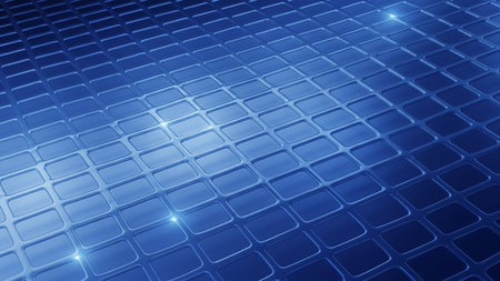 A reflective blue grid pattern composed of rounded square cells, with bright light reflections shimmering across its surface.の素材