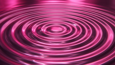 A close-up view of a metallic pink liquid surface creating concentric ripples and waves with a highly reflective, glossy sheen.の素材