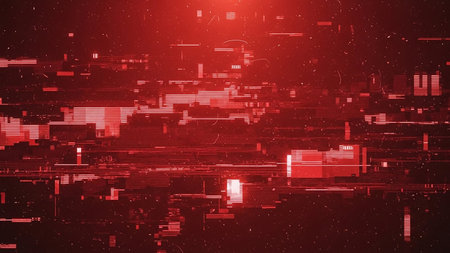 A vibrant red abstract background with a strong digital glitch effect, featuring horizontal pixelated lines and scattered light particles.の素材