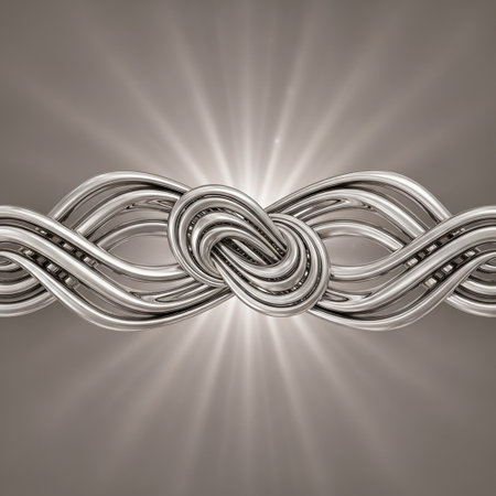 A shiny metallic abstract sculpture featuring intertwined wavy tubes forming a knot, with a radiant light effect emanating from behind.の素材