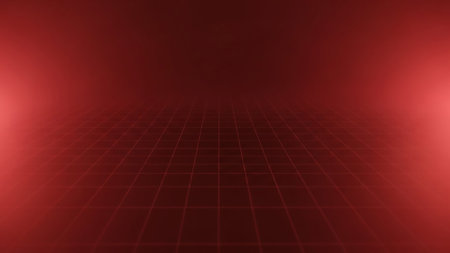 A red grid floor recedes into a blurred red horizon, with bright glowing lights on the sides, creating a sense of depth and digital space.の素材