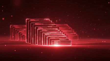 A futuristic digital scene with stacked red neon glowing frames, resembling data blocks or code windows, set against a dark background with floating red particles.の素材