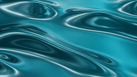 A close-up view of a rippling, metallic teal liquid surface with smooth, wavy textures and bright, reflective highlights.の素材