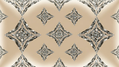 A seamless repeating pattern of geometric diamond shapes with faceted, reflective surfaces against a gradient beige background.の素材