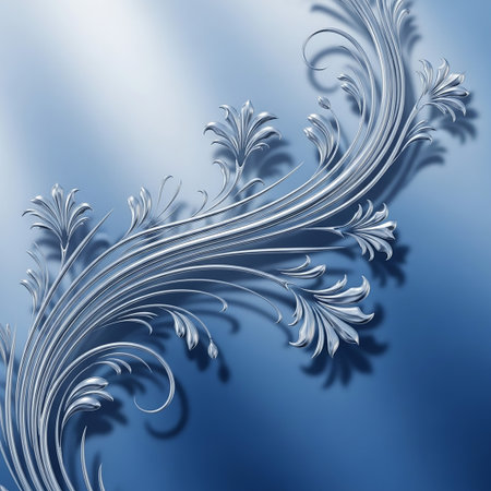 An intricate silver floral swirl ornament with delicate leaves and tendrils is set against a soft blue gradient background, casting subtle shadows.の素材